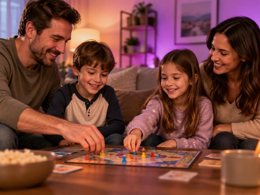 Родители с детьми играют в настольную игру